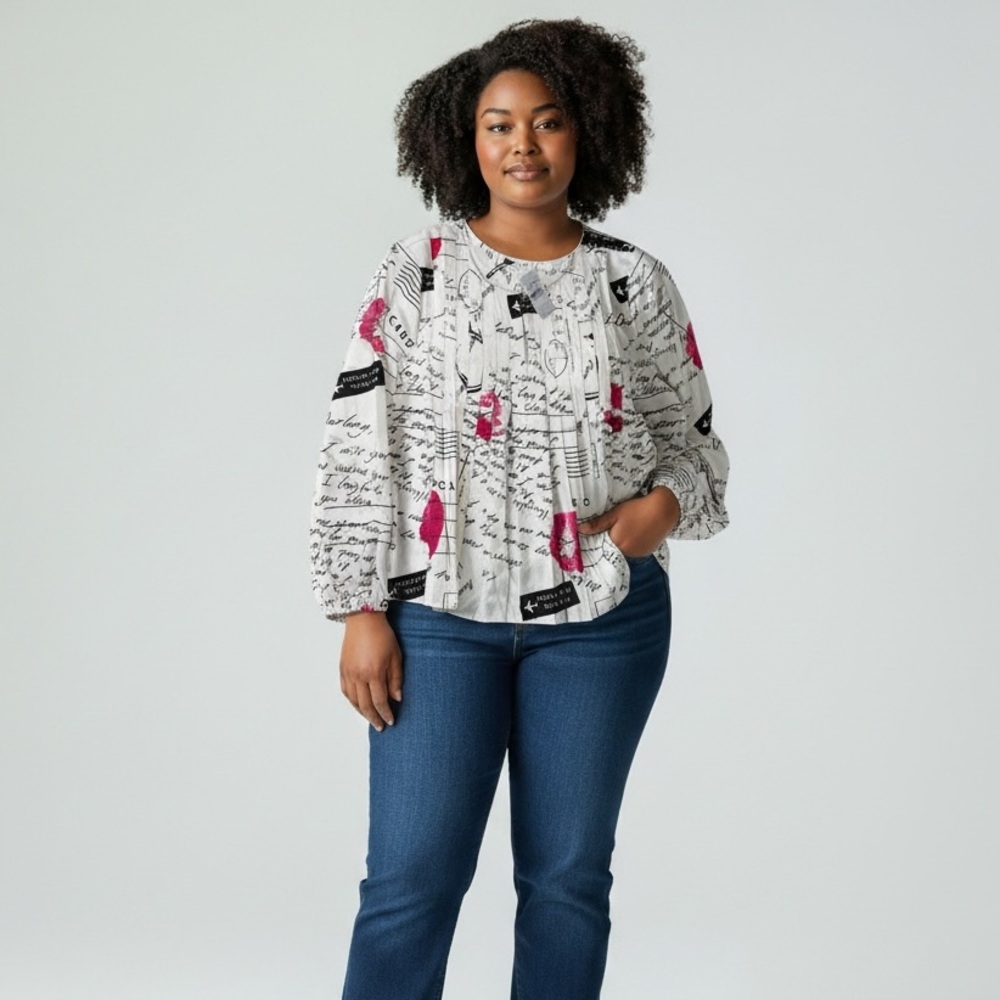 LOFT Women’s‎ Letter Print Script Blouse Size L Long Sleeve White Black Pink NWT